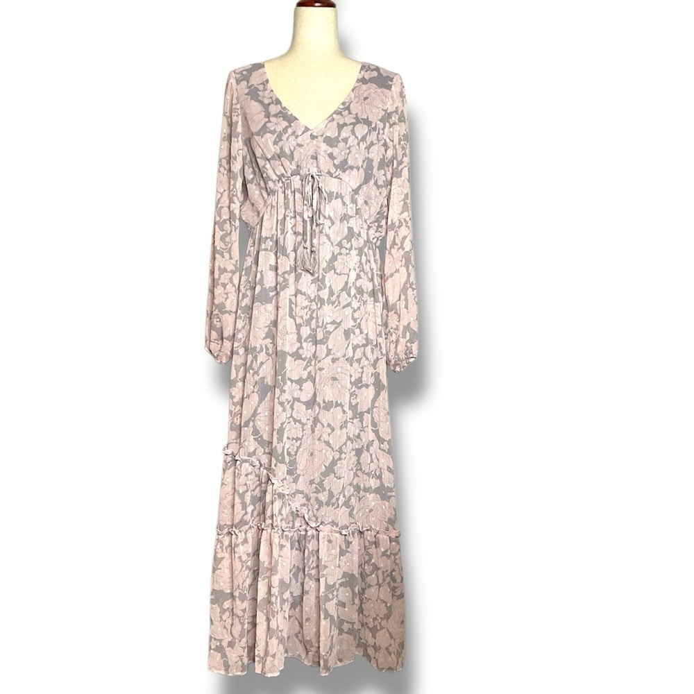 Lovestitch Pink & Grey Floral Balloon Sleeve V-Neck Tiered Maxi Dress Size Med - Picture 3 of 12